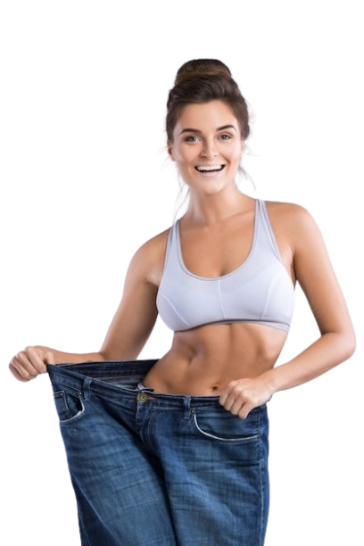 Woman showing loose jeans after weight loss